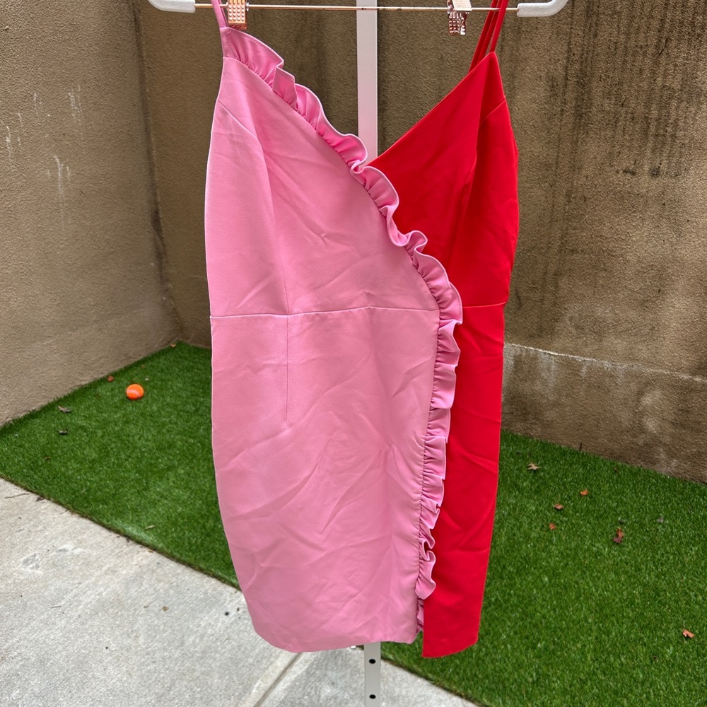 Bardot Red Satin Dress with Pink Lining